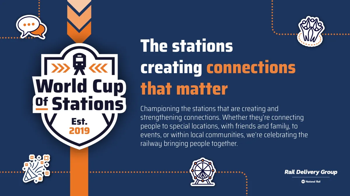 The Rail Delivery Group’s World Cup of Stations 2026 graphic, with the competition’s shield logo